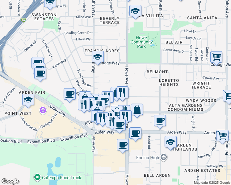 map of restaurants, bars, coffee shops, grocery stores, and more near 2119 Wyda Way in Sacramento