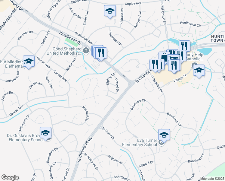 map of restaurants, bars, coffee shops, grocery stores, and more near 1045 Dorset Drive in Waldorf