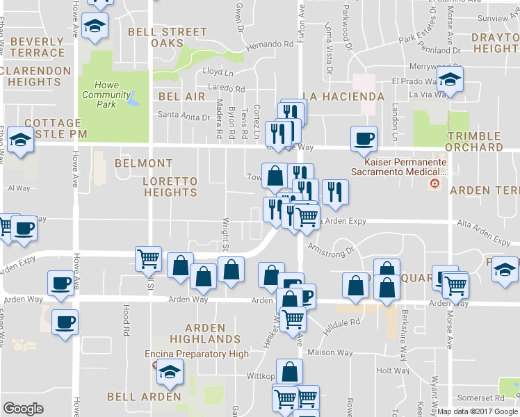 map of restaurants, bars, coffee shops, grocery stores, and more near Apartment Lane in Sacramento