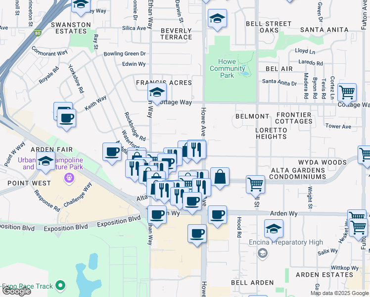 map of restaurants, bars, coffee shops, grocery stores, and more near 2119 Wyda Way in Sacramento