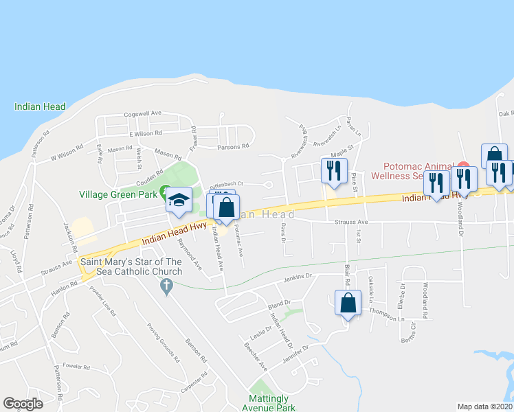 map of restaurants, bars, coffee shops, grocery stores, and more near 4226 Indian Head Highway in Indian Head