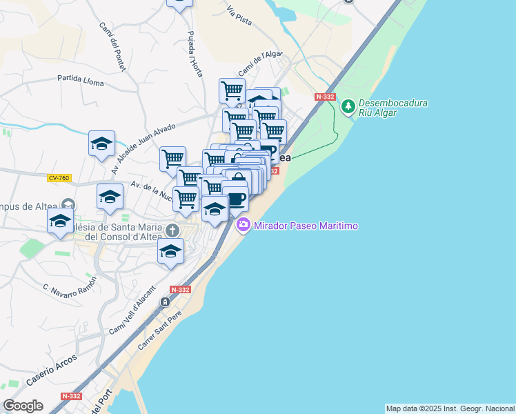 map of restaurants, bars, coffee shops, grocery stores, and more near 24 Calle Conde de Altea in Altea