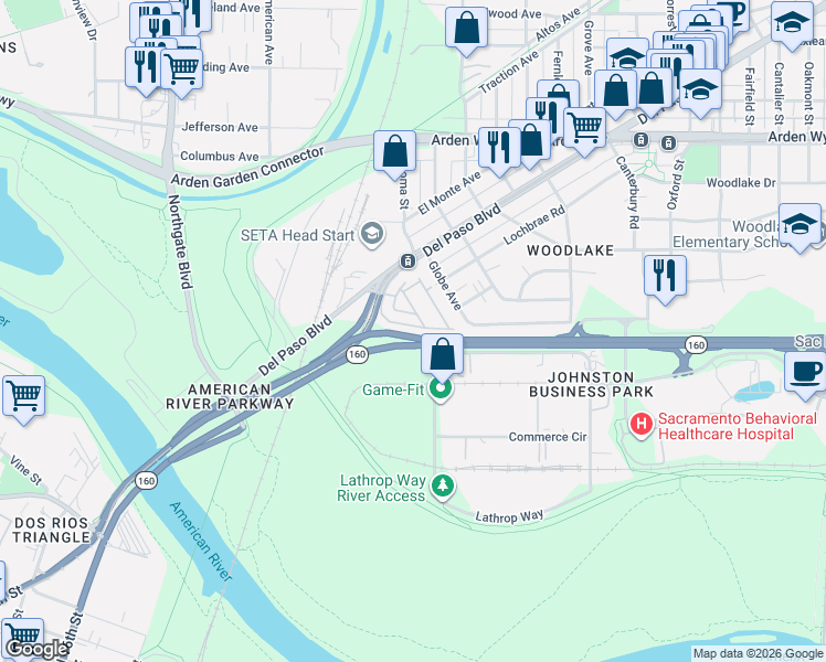 map of restaurants, bars, coffee shops, grocery stores, and more near 90 North Sac Mobile Home Park in Sacramento