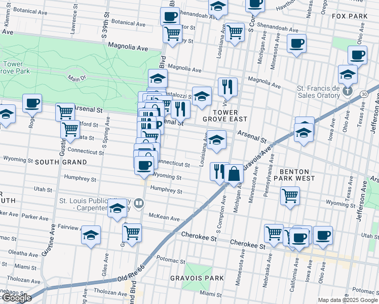 map of restaurants, bars, coffee shops, grocery stores, and more near 3405 Hartford Street in St. Louis
