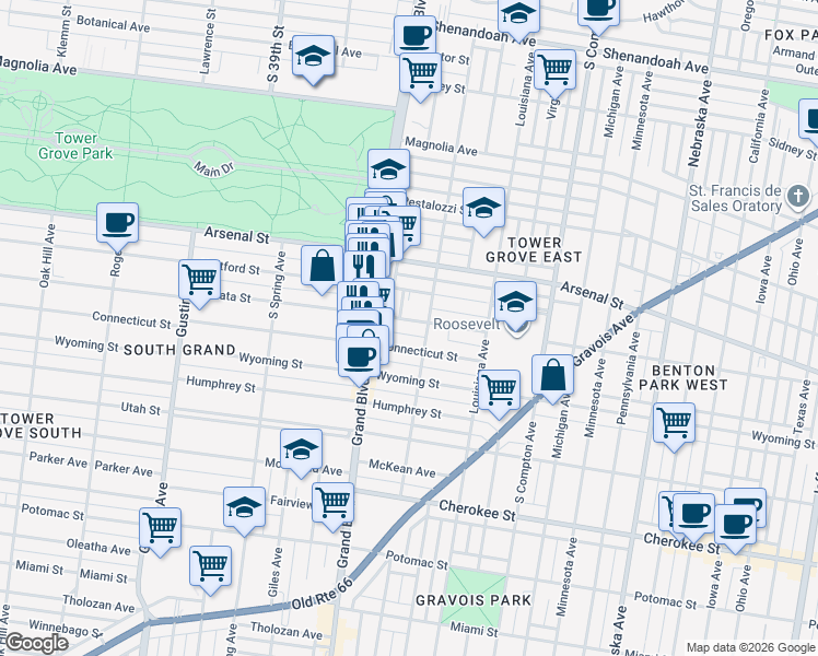 map of restaurants, bars, coffee shops, grocery stores, and more near 3528 Juniata Street in St. Louis