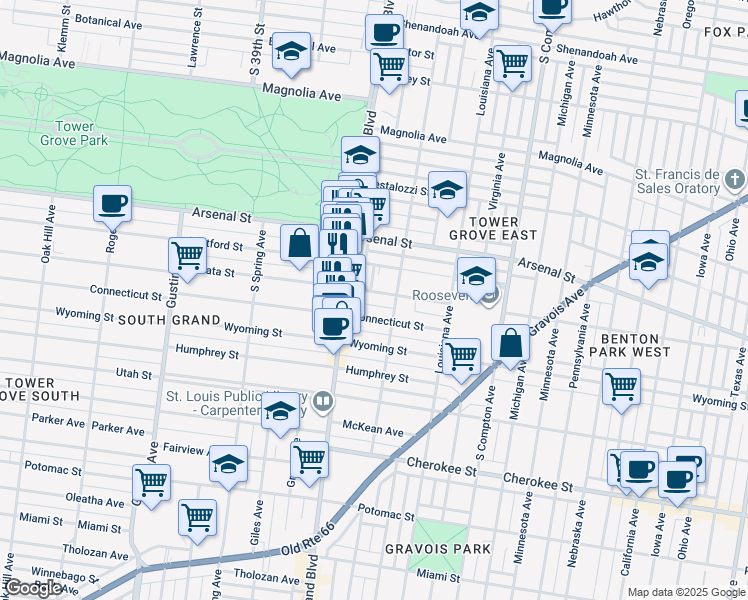map of restaurants, bars, coffee shops, grocery stores, and more near 3528 Juniata Street in St. Louis