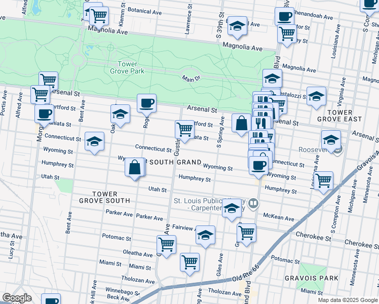 map of restaurants, bars, coffee shops, grocery stores, and more near 3871 Connecticut Street in St. Louis