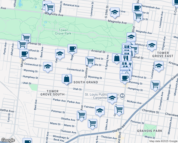 map of restaurants, bars, coffee shops, grocery stores, and more near 3871 Connecticut Street in St. Louis