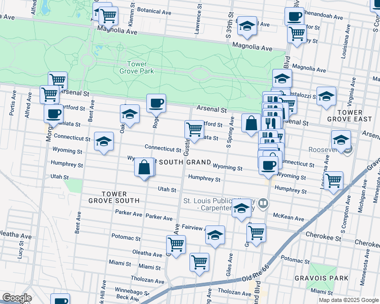 map of restaurants, bars, coffee shops, grocery stores, and more near 3871 Connecticut Street in St. Louis