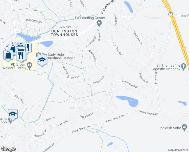 map of restaurants, bars, coffee shops, grocery stores, and more near 2899 Hackney Lane in Waldorf