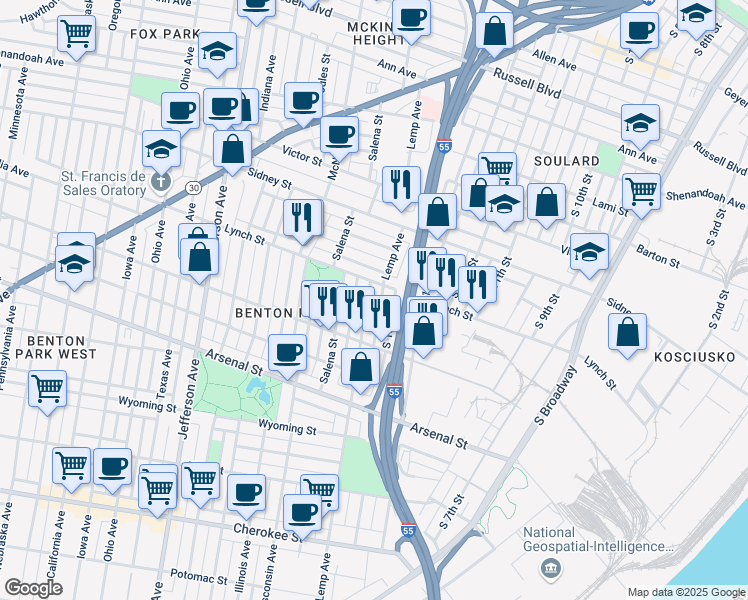 map of restaurants, bars, coffee shops, grocery stores, and more near 2818 Lemp Avenue in St. Louis