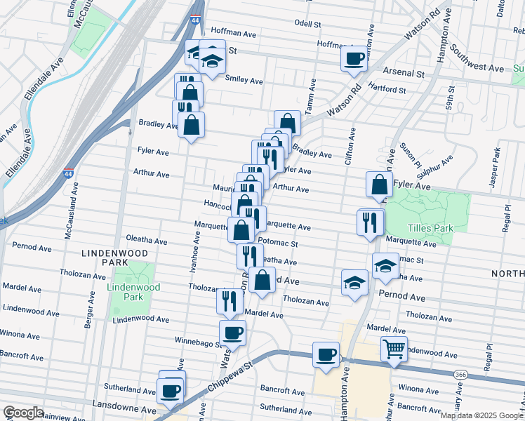 map of restaurants, bars, coffee shops, grocery stores, and more near 3417 Watson Road in St. Louis