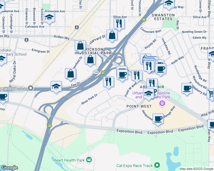 map of restaurants, bars, coffee shops, grocery stores, and more near 1545 River Park Drive in Sacramento