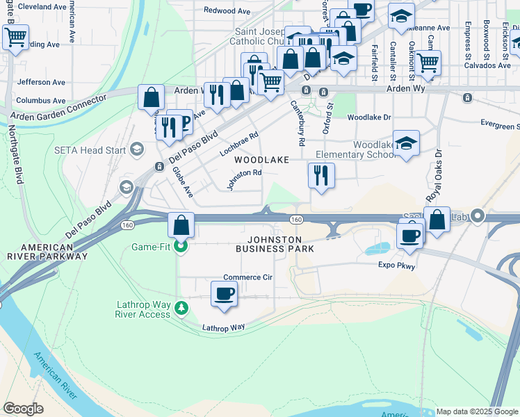 map of restaurants, bars, coffee shops, grocery stores, and more near 198 Baxter Avenue in Sacramento