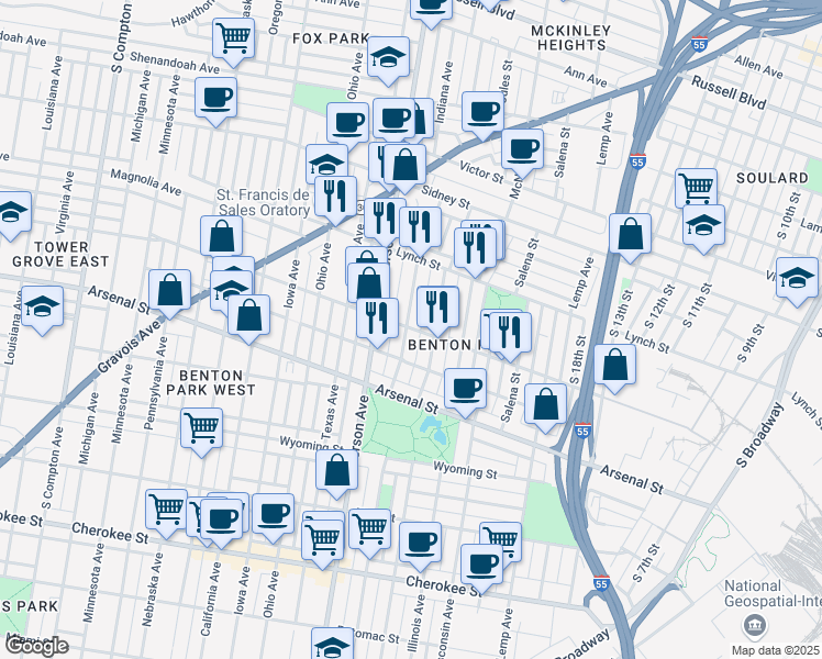 map of restaurants, bars, coffee shops, grocery stores, and more near 2849 Missouri Avenue in St. Louis
