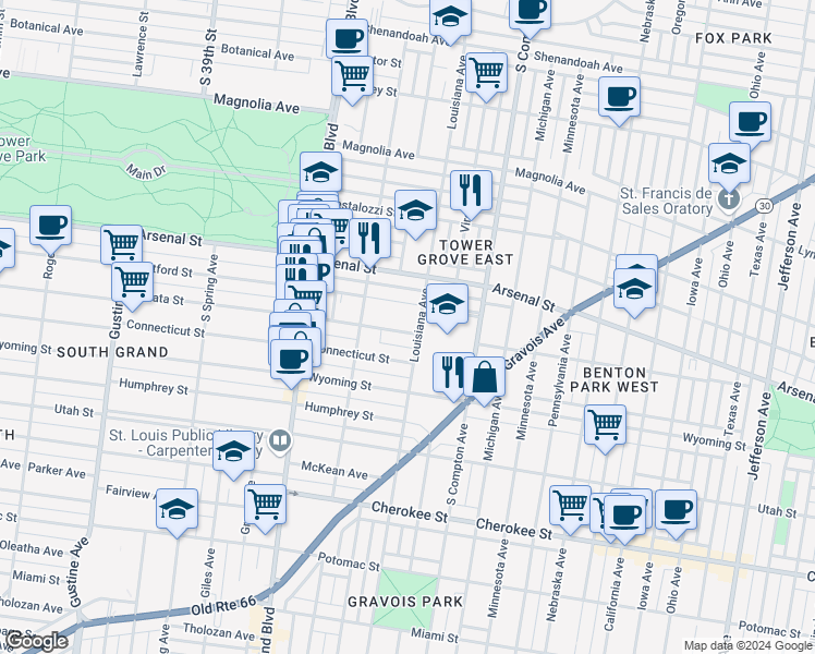 map of restaurants, bars, coffee shops, grocery stores, and more near 3405 Hartford Street in St. Louis