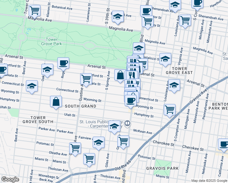 map of restaurants, bars, coffee shops, grocery stores, and more near 3726 Juniata Street in St. Louis
