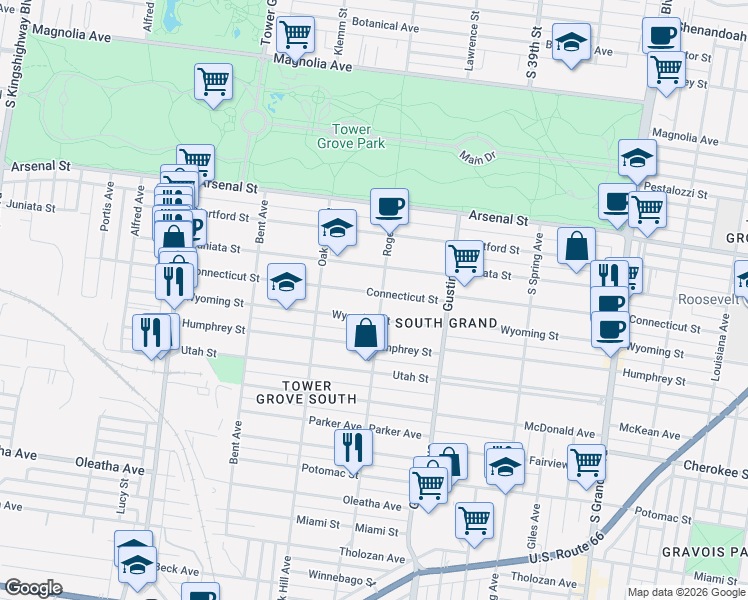 map of restaurants, bars, coffee shops, grocery stores, and more near 4019 Connecticut Street in St. Louis