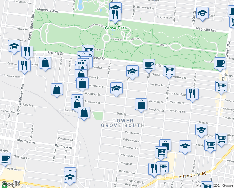 map of restaurants, bars, coffee shops, grocery stores, and more near 4124 Connecticut Street in St. Louis