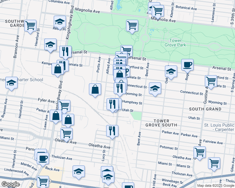 map of restaurants, bars, coffee shops, grocery stores, and more near 4319 Wyoming Street in St. Louis