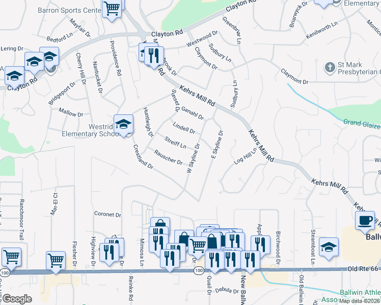 map of restaurants, bars, coffee shops, grocery stores, and more near 805 Streiff Lane in Ballwin