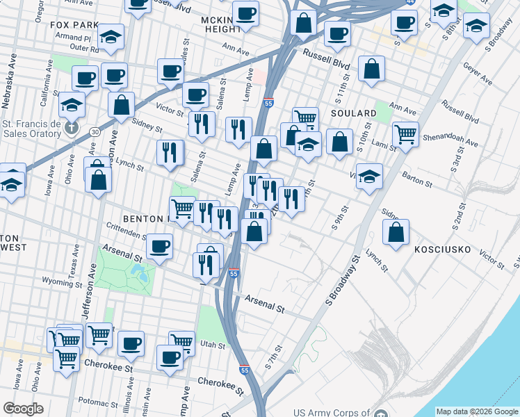 map of restaurants, bars, coffee shops, grocery stores, and more near 2719 South 13th Street in St. Louis
