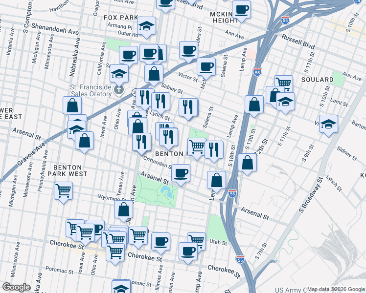 map of restaurants, bars, coffee shops, grocery stores, and more near 2841 McNair Avenue in St. Louis