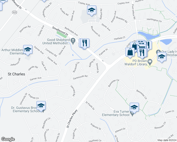 map of restaurants, bars, coffee shops, grocery stores, and more near 1003 Copperfield Court in Waldorf