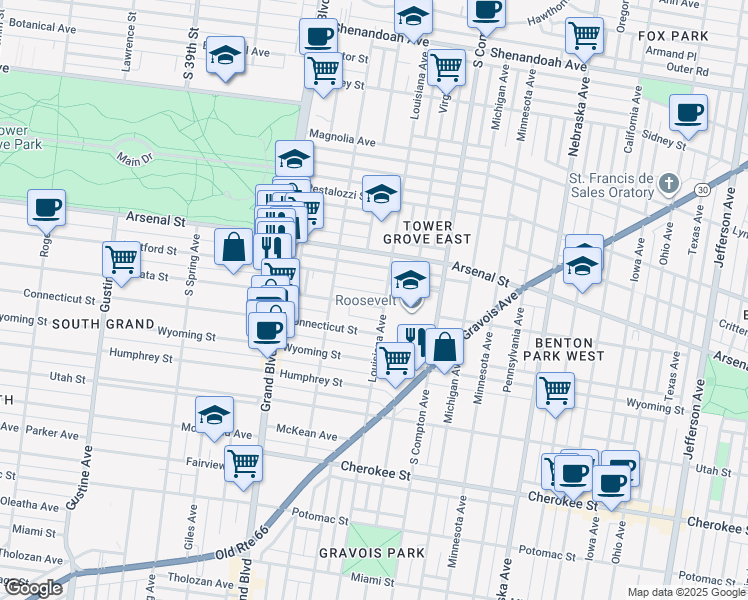 map of restaurants, bars, coffee shops, grocery stores, and more near 3405 Hartford Street in St. Louis