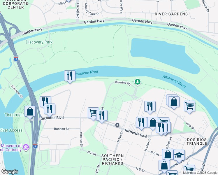 map of restaurants, bars, coffee shops, grocery stores, and more near 777 North 5th Street in Sacramento