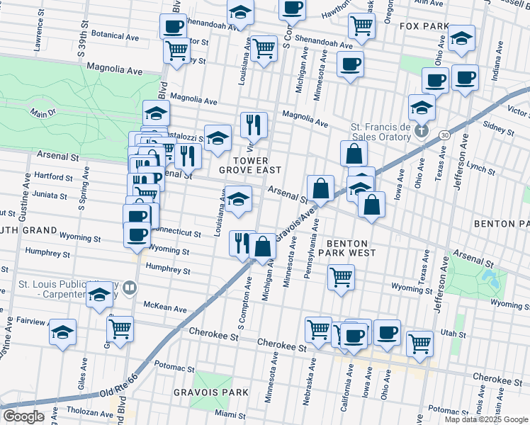 map of restaurants, bars, coffee shops, grocery stores, and more near 3124 South Compton Avenue in St. Louis