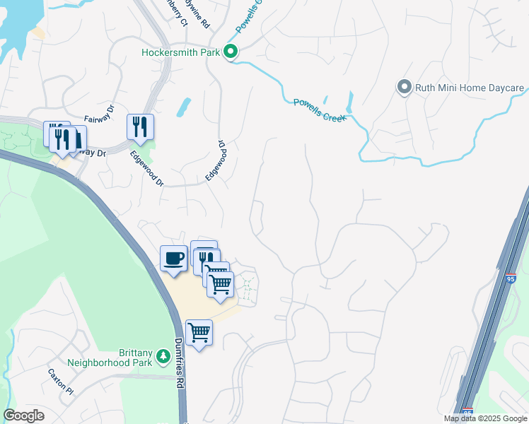 map of restaurants, bars, coffee shops, grocery stores, and more near 16219 Rising Fawn Terrace in Dumfries