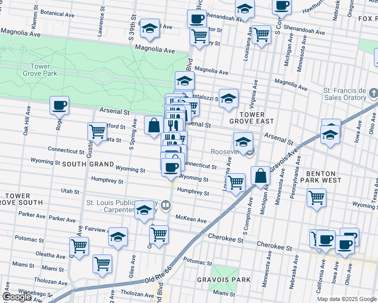 map of restaurants, bars, coffee shops, grocery stores, and more near 3528 Juniata Street in St. Louis