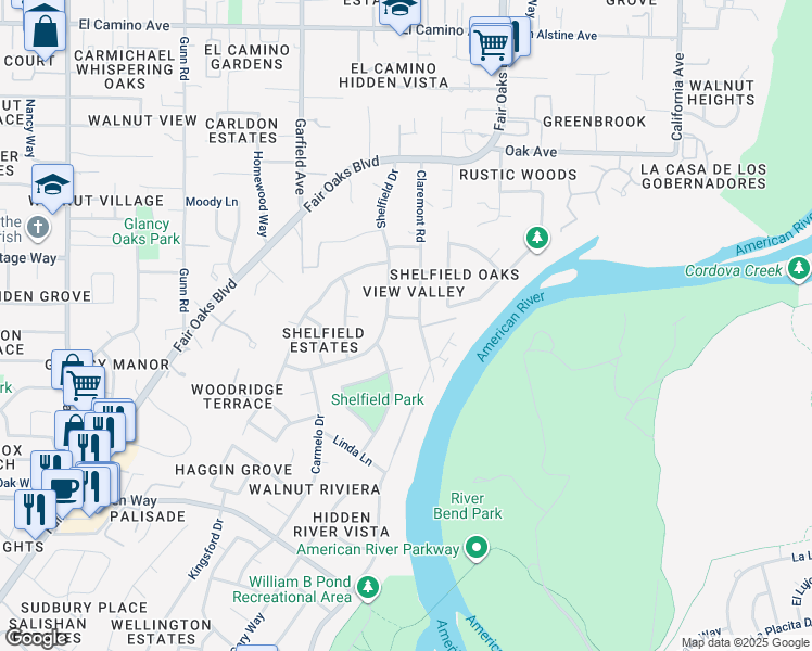 map of restaurants, bars, coffee shops, grocery stores, and more near 2000 Claremont Road in Carmichael