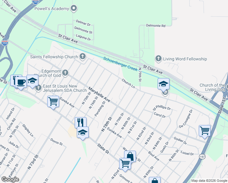 map of restaurants, bars, coffee shops, grocery stores, and more near 831 Success Court in East St. Louis