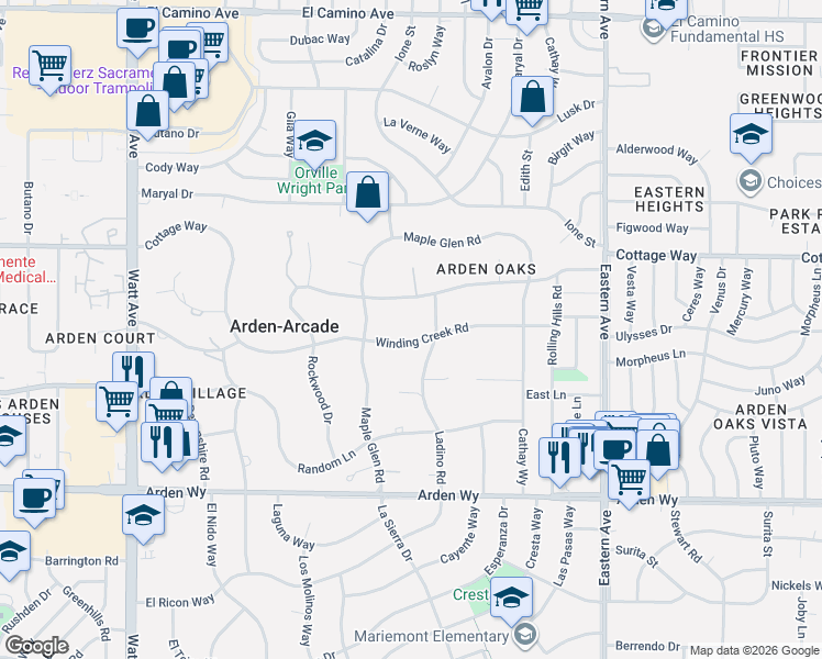 map of restaurants, bars, coffee shops, grocery stores, and more near 2050 Rockwood Drive in Sacramento