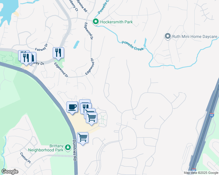 map of restaurants, bars, coffee shops, grocery stores, and more near 16219 Rising Fawn Terrace in Dumfries