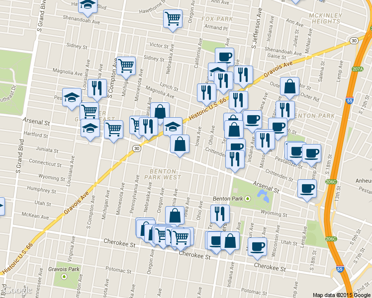 map of restaurants, bars, coffee shops, grocery stores, and more near 3000 Crittenden Street in St. Louis