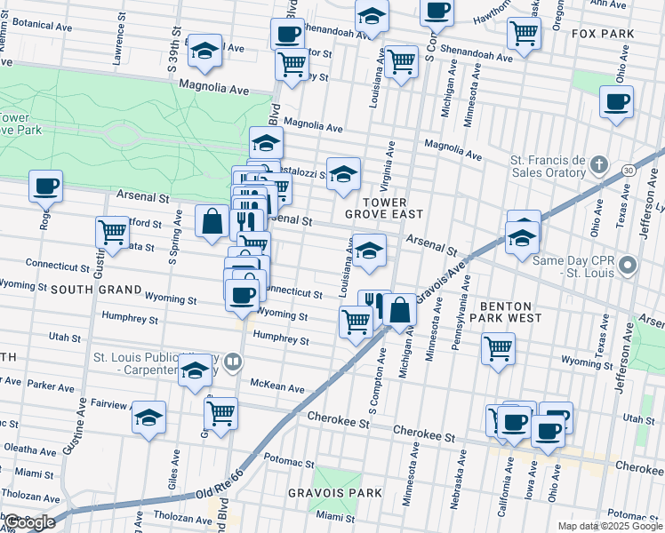 map of restaurants, bars, coffee shops, grocery stores, and more near 3405 Hartford Street in St. Louis