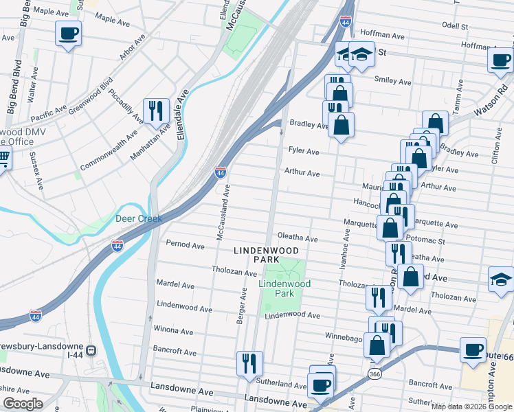 map of restaurants, bars, coffee shops, grocery stores, and more near 6935 Marquette Avenue in St. Louis