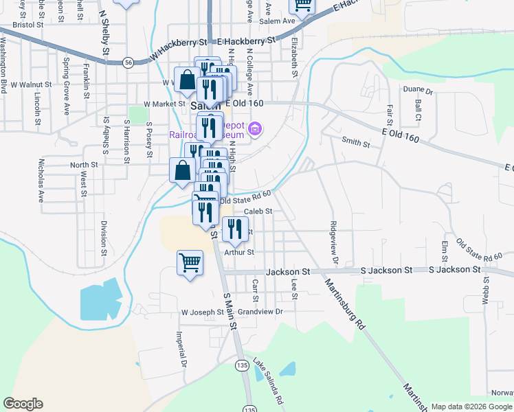 map of restaurants, bars, coffee shops, grocery stores, and more near 200-410 Old Indiana 60 in Salem