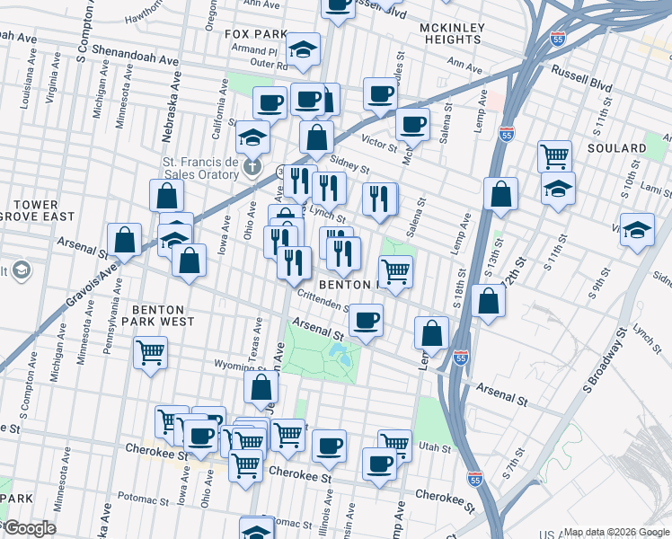 map of restaurants, bars, coffee shops, grocery stores, and more near 2849 Missouri Avenue in St. Louis