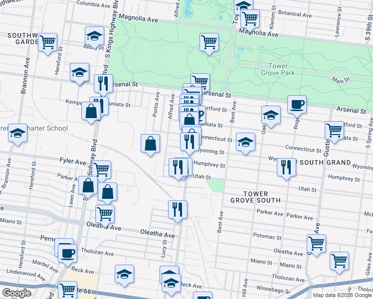 map of restaurants, bars, coffee shops, grocery stores, and more near 3201 Morganford Road in St. Louis