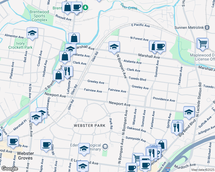map of restaurants, bars, coffee shops, grocery stores, and more near 532 Greeley Avenue in Webster Groves