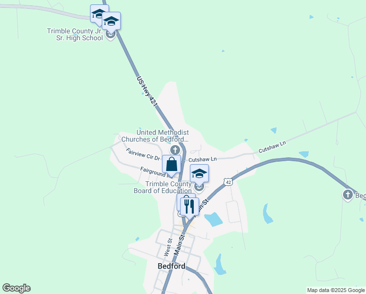 map of restaurants, bars, coffee shops, grocery stores, and more near US Highway 421 in Bedford