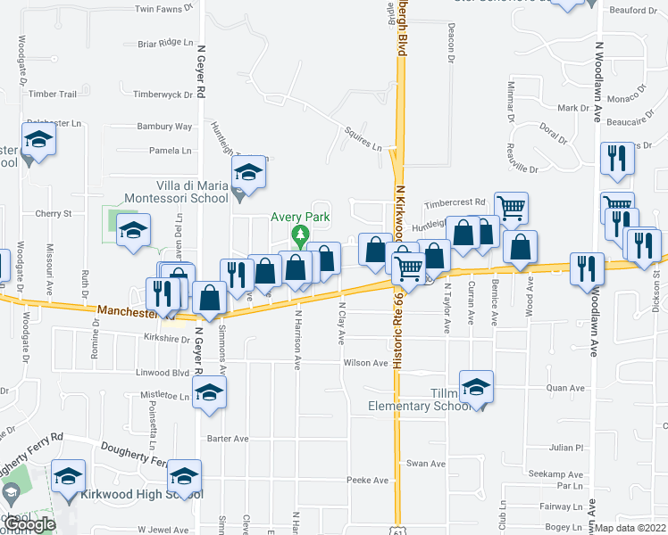map of restaurants, bars, coffee shops, grocery stores, and more near 212 Avery Drive in Kirkwood