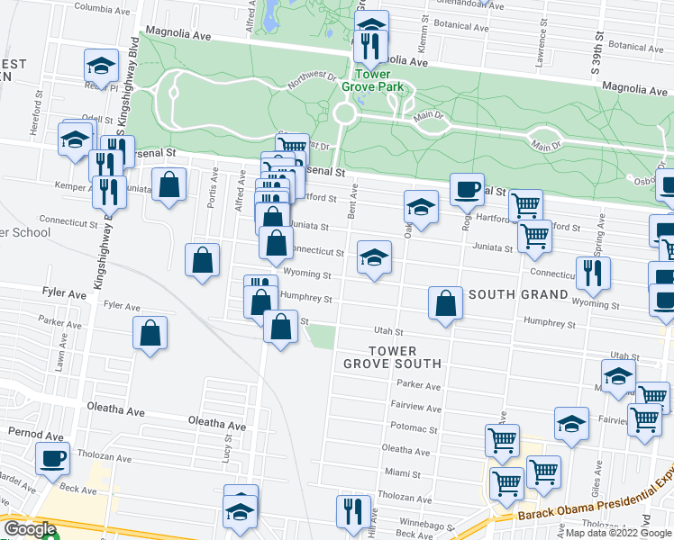 map of restaurants, bars, coffee shops, grocery stores, and more near 4168 Connecticut Street in St. Louis