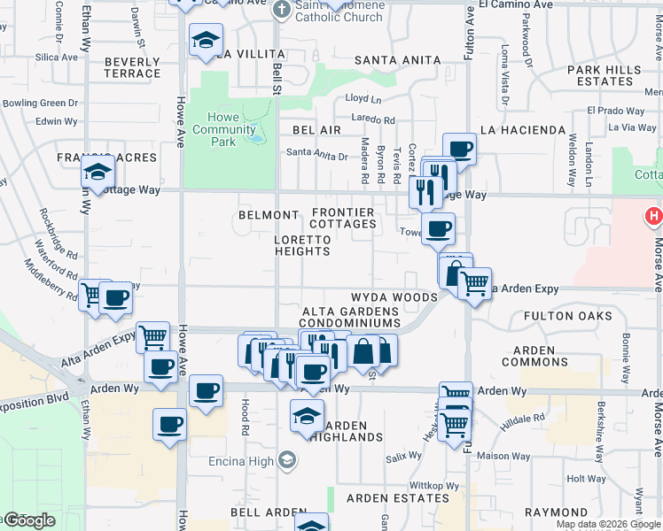 map of restaurants, bars, coffee shops, grocery stores, and more near 2351 Wyda Way in Sacramento