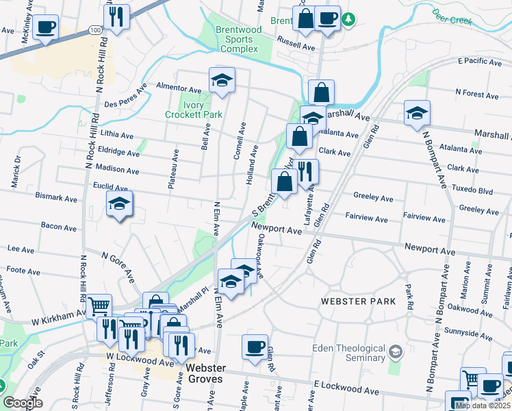 map of restaurants, bars, coffee shops, grocery stores, and more near 3255 South Brentwood Boulevard in St. Louis