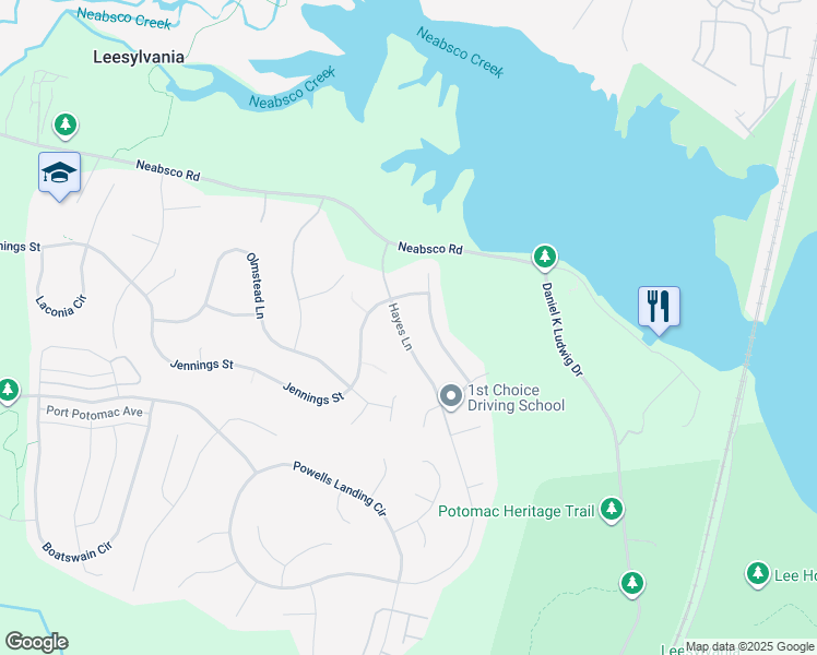 map of restaurants, bars, coffee shops, grocery stores, and more near 16037 Hayes Lane in Woodbridge